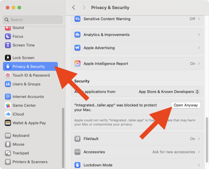 Click Open Anyway under Privacy and Security